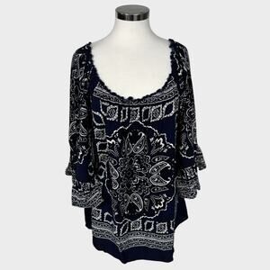Cato Womens 18/20W Navy Blue White Bandana Print 3/4 Sleeve Rayon Top